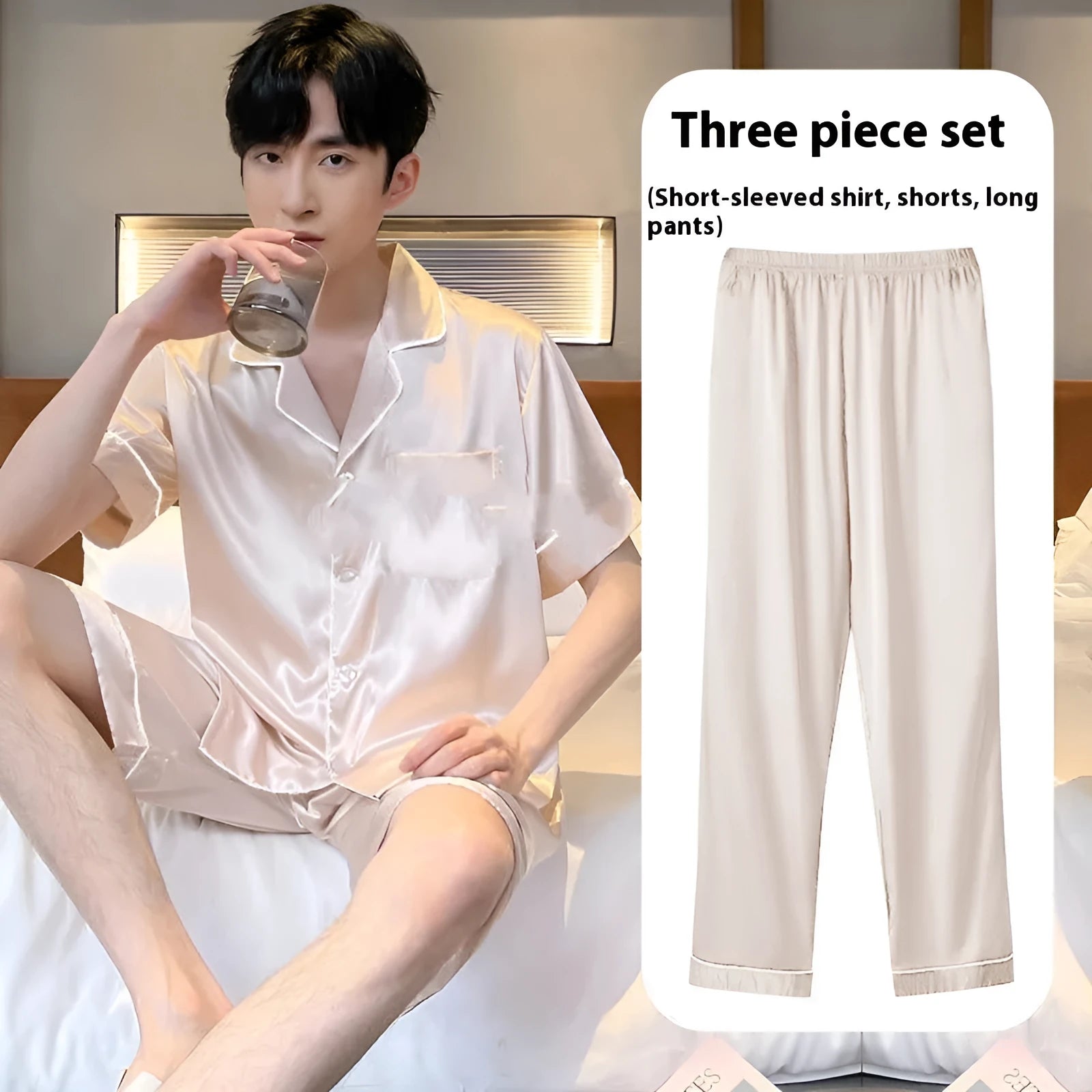 Men's ice silk three-piece home wear suit showing short sleeve top, shorts, and trousers laid flat.