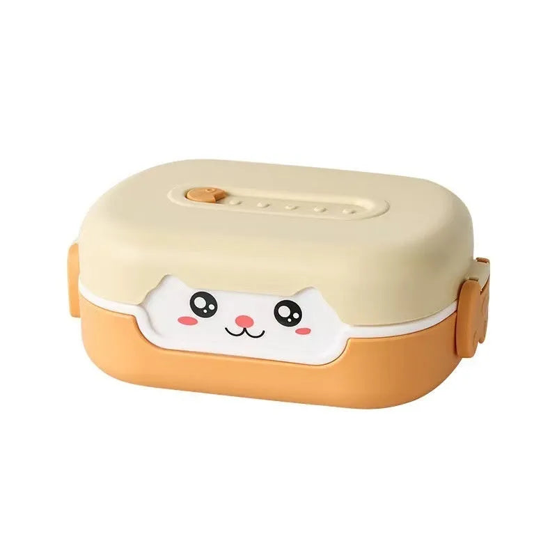 Square plastic divided lunch box in dark blue, orange yellow, and pink green colors for students