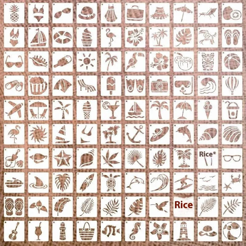 Milky white PET film stencil templates showing flower, leaf, ocean, animal, and letter designs for spray painting
