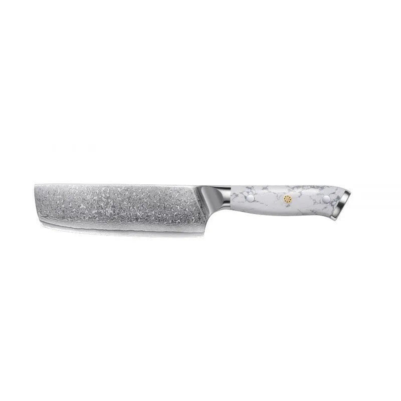 Damascus style combined chef's knife with VG10 steel blade, 21cm blade length on a wooden surface.