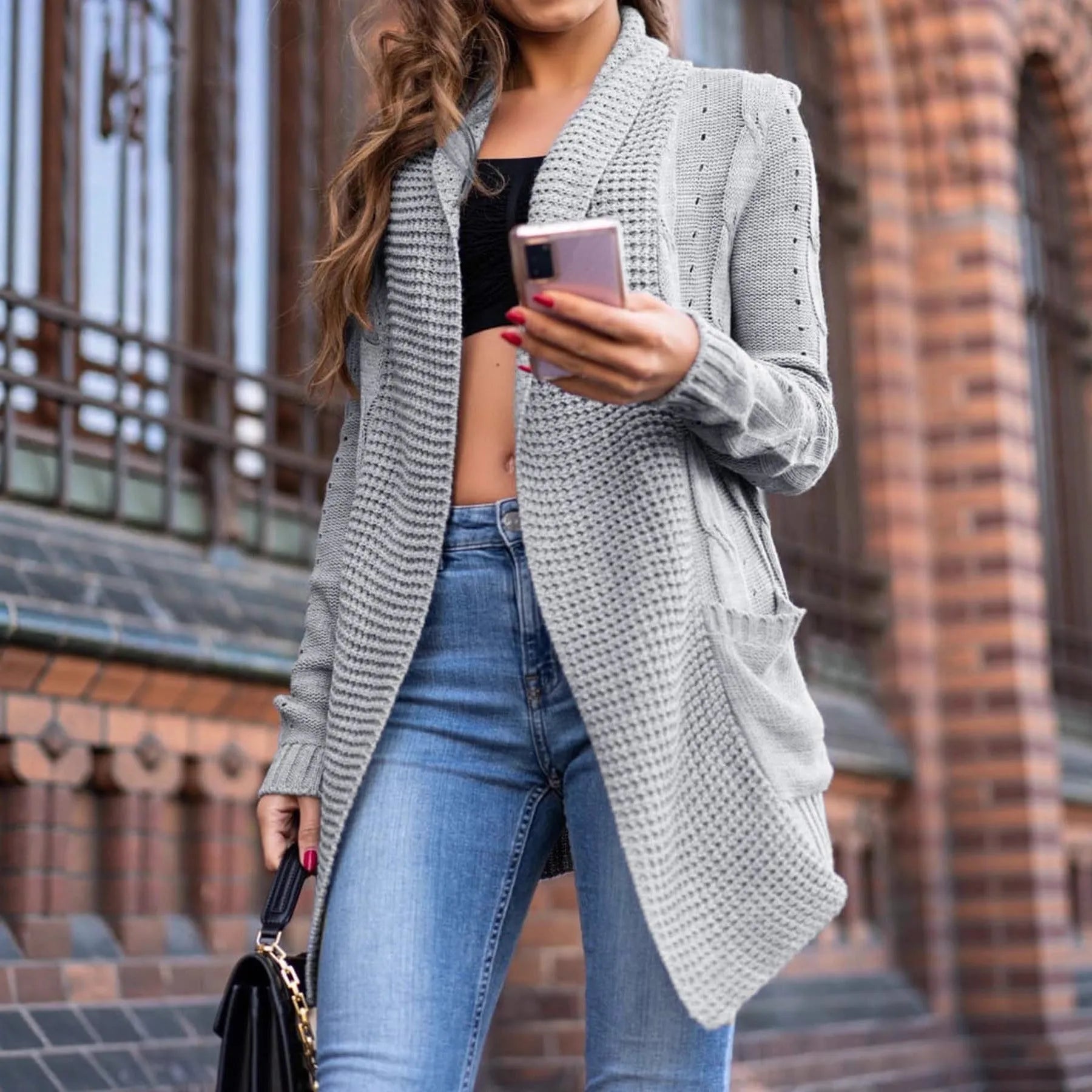 Grey women's loose-fit cardigan coat with pockets, medium length