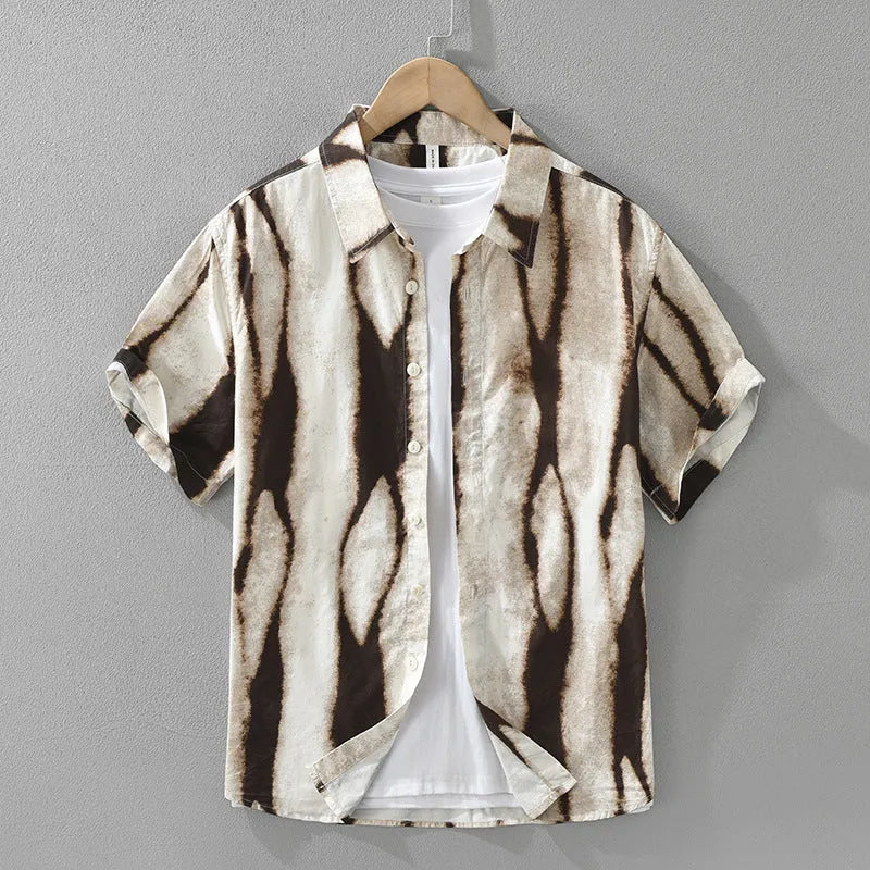 Men's black and brown striped retro short sleeve shirt in pure cotton loose fit