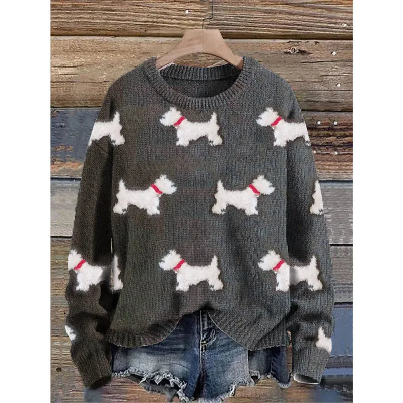Women's lilac floral printed round neck sweater on a hanger showing the knitted texture.