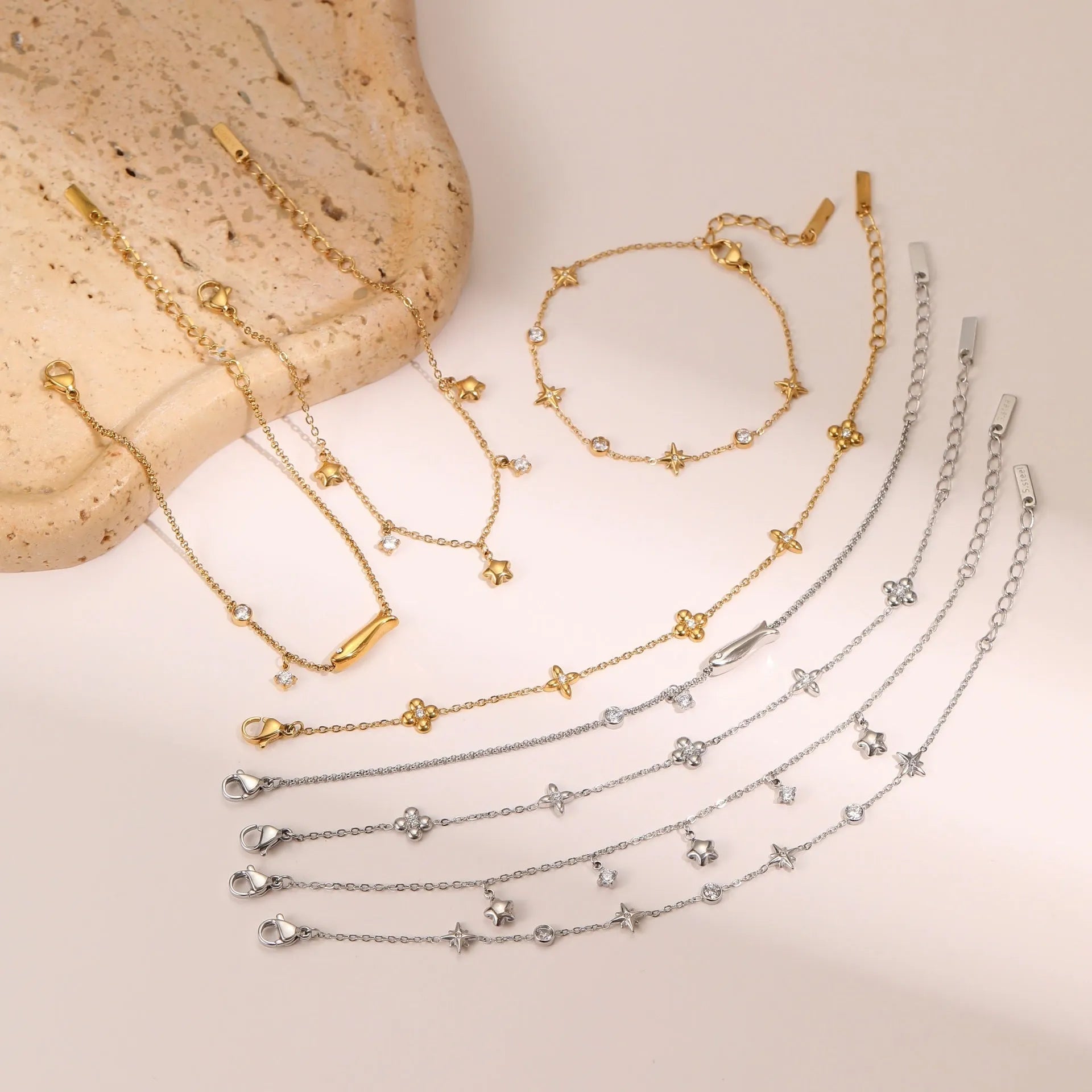 Gold plated stainless steel bracelet with geometric star pendant, women's office jewellery