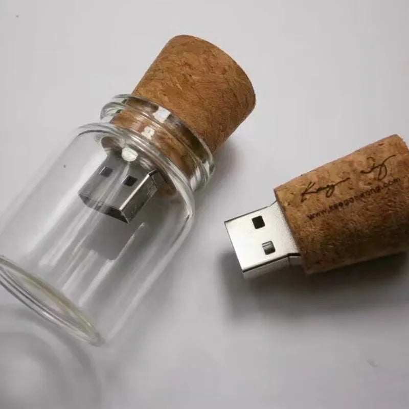 Transparent wooden wish bottle USB drive showing internal wood element, 60mm long.