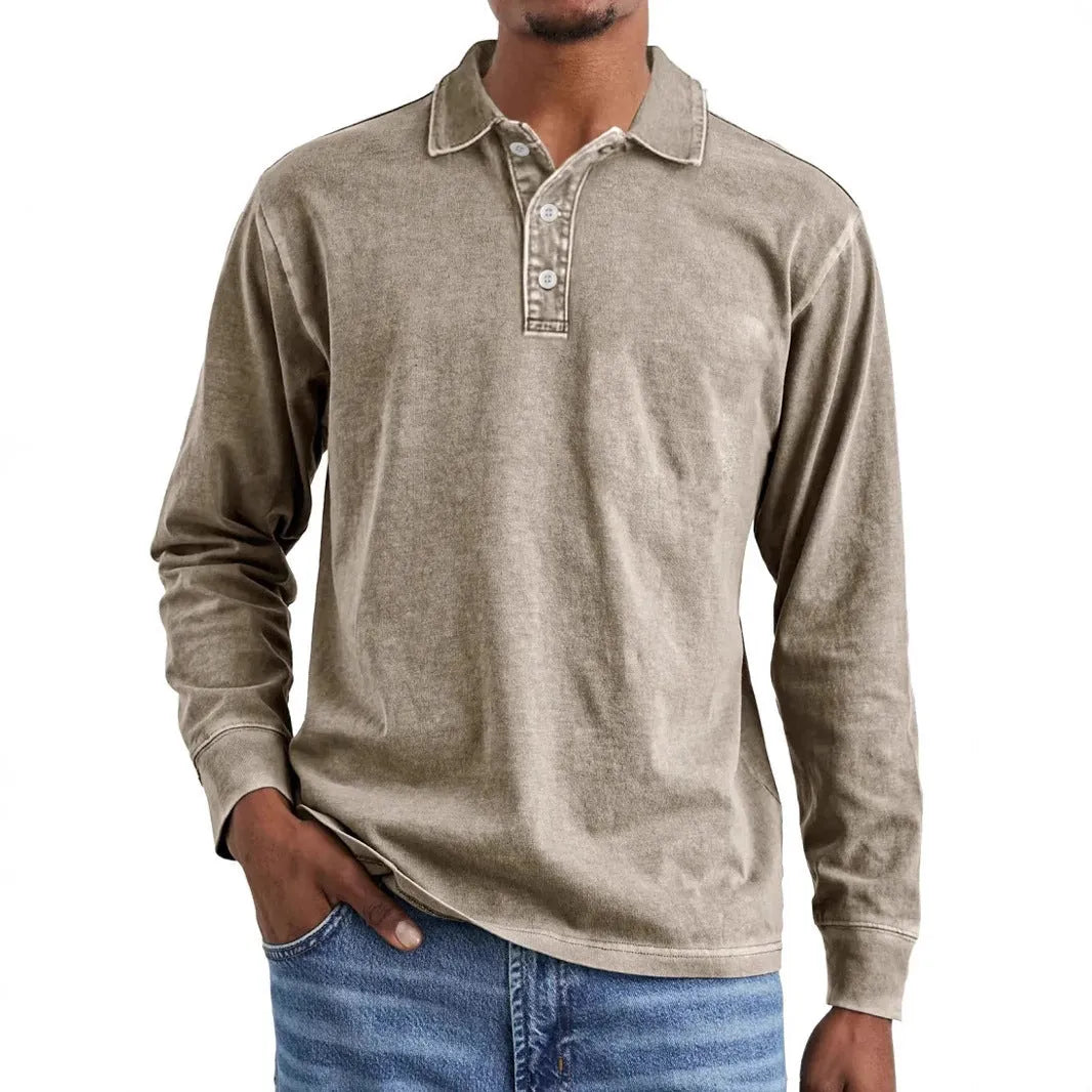Retro washed distressed cotton lapel polo shirt in long sleeve design on mannequin