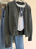 Women's dark grey polyester cardigan with button front and regular long sleeves