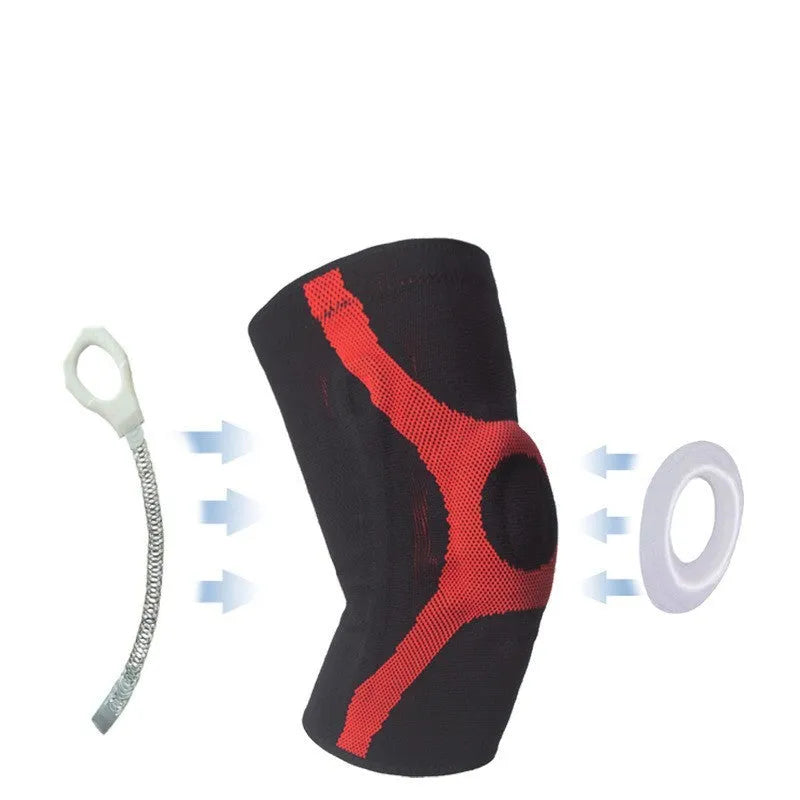 Red and grey silicone kneecap sports pads for running and climbing in four sizes