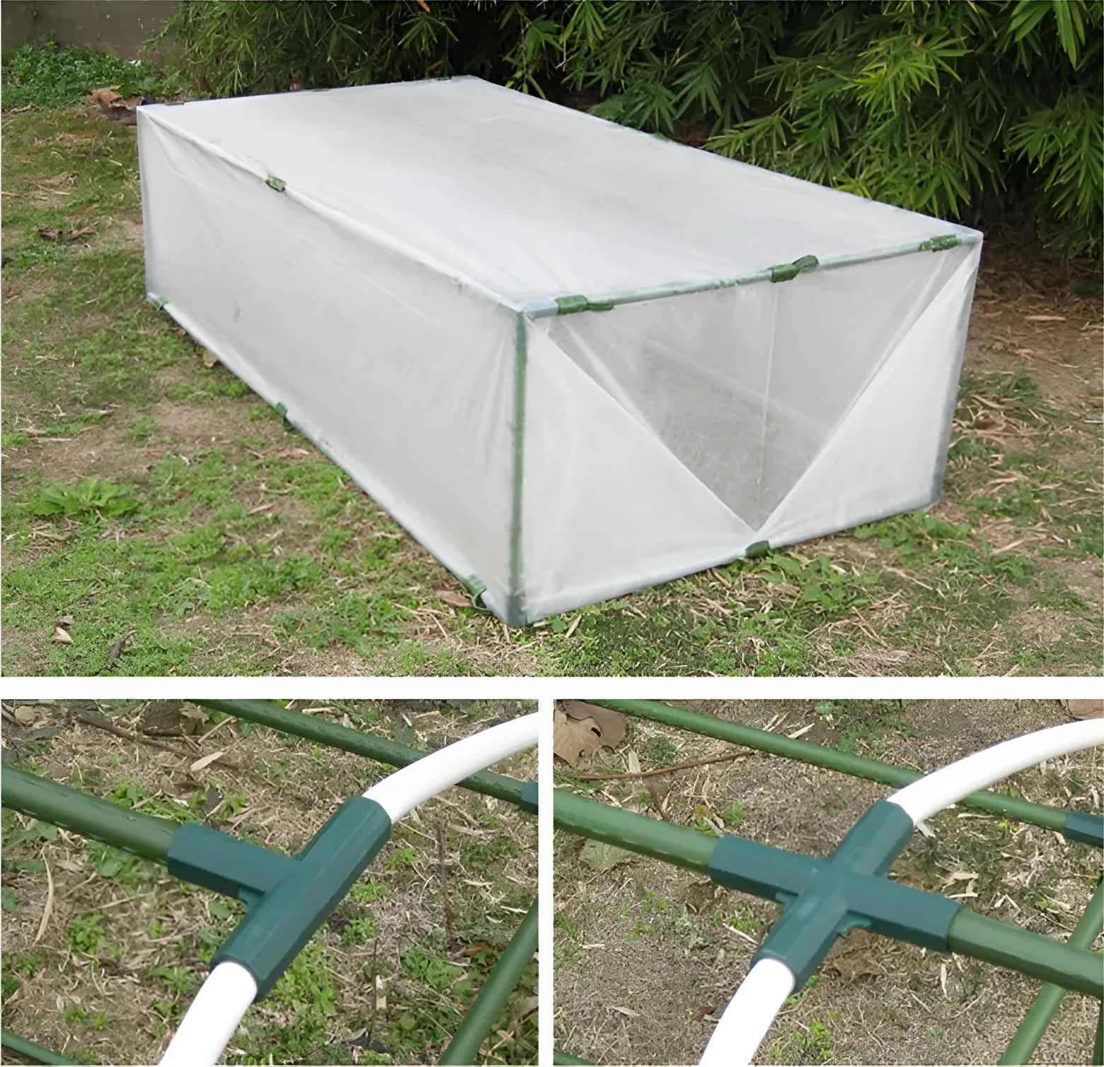 Two white plastic garden connectors, a three-way and a four-way joint, for 11mm plant support poles.