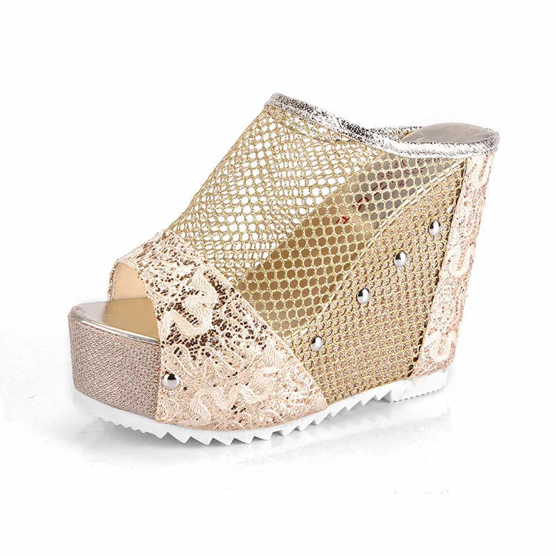Korean women's platform sandals with hollowed heels, mesh upper, and chunky waterproof soles in gold.