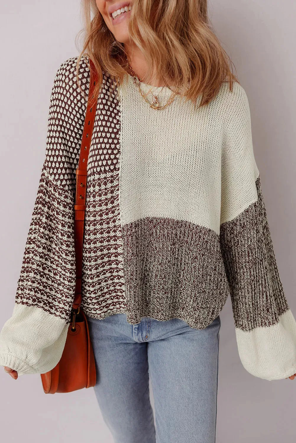 Dark khaki colour block drop shoulder sweater with long sleeves and a back tie.