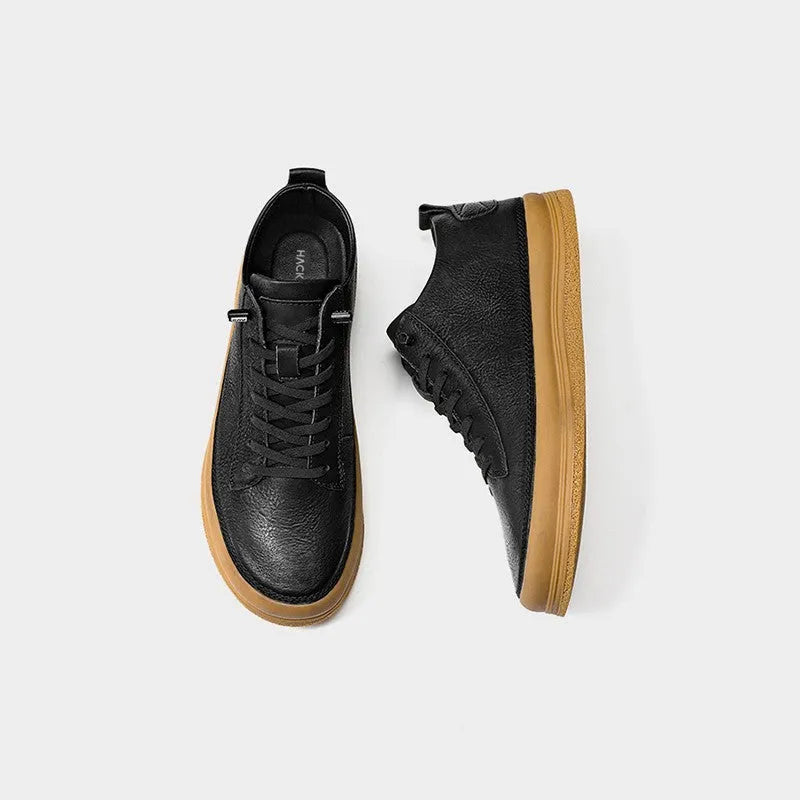 Men's black casual leather shoes with rubber sole and lace closure
