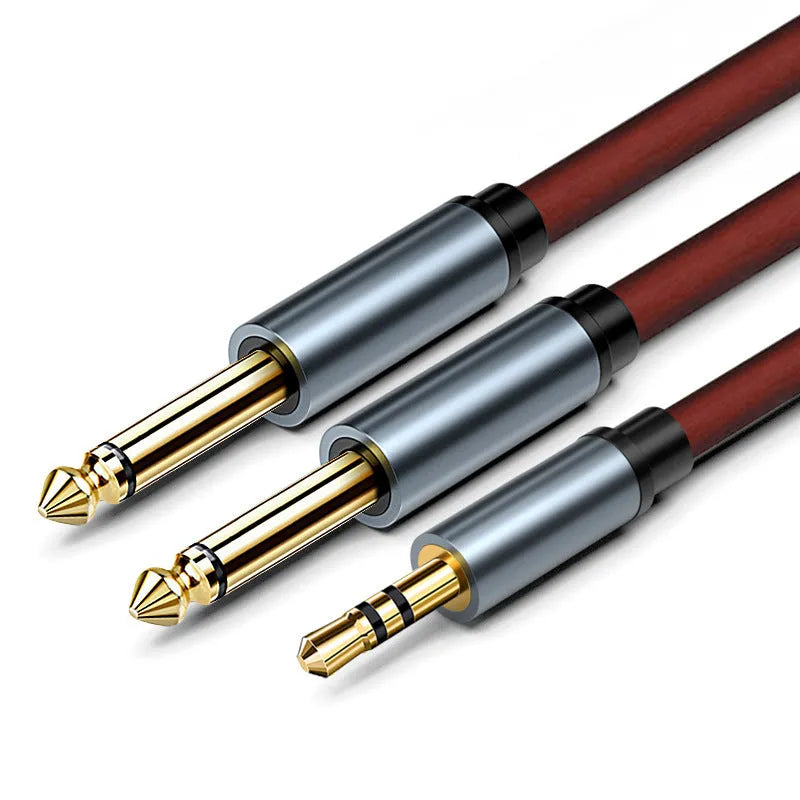 3.5mm to dual 6.35mm male audio cable with gold-plated connectors, available in multiple lengths.