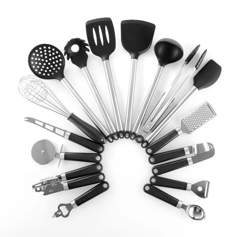 Black silicone kitchen spatula spoon set with stainless steel handles 16 pieces modern design