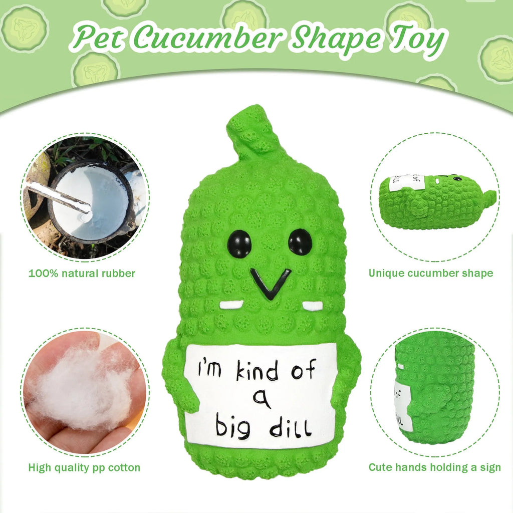 Green latex pickle-shaped dog chew toy with textured surface and squeaker