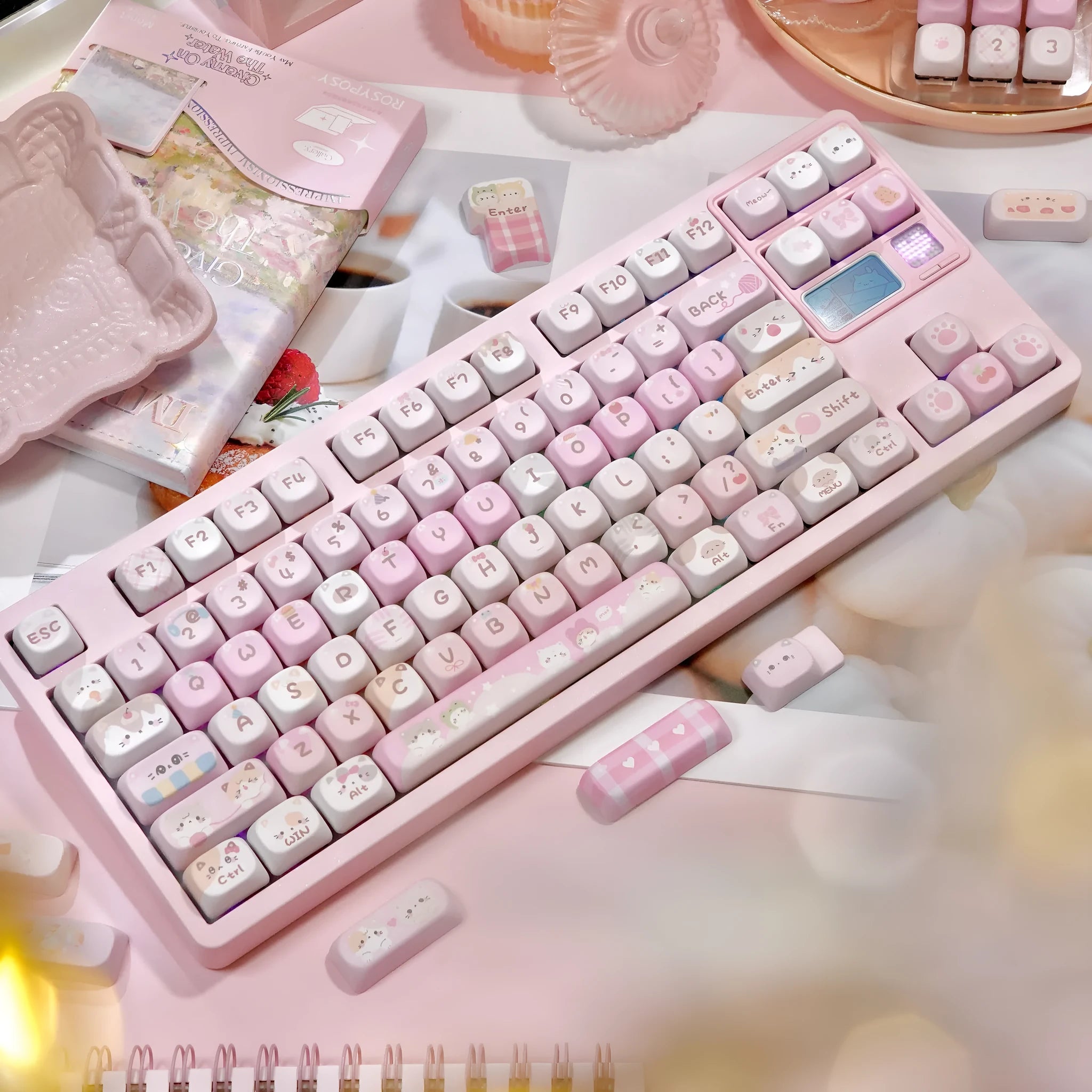 Pink MOA Height Full Five-sided Sublimation Key Caps with cartoon artwork on all surfaces for mechanical keyboards