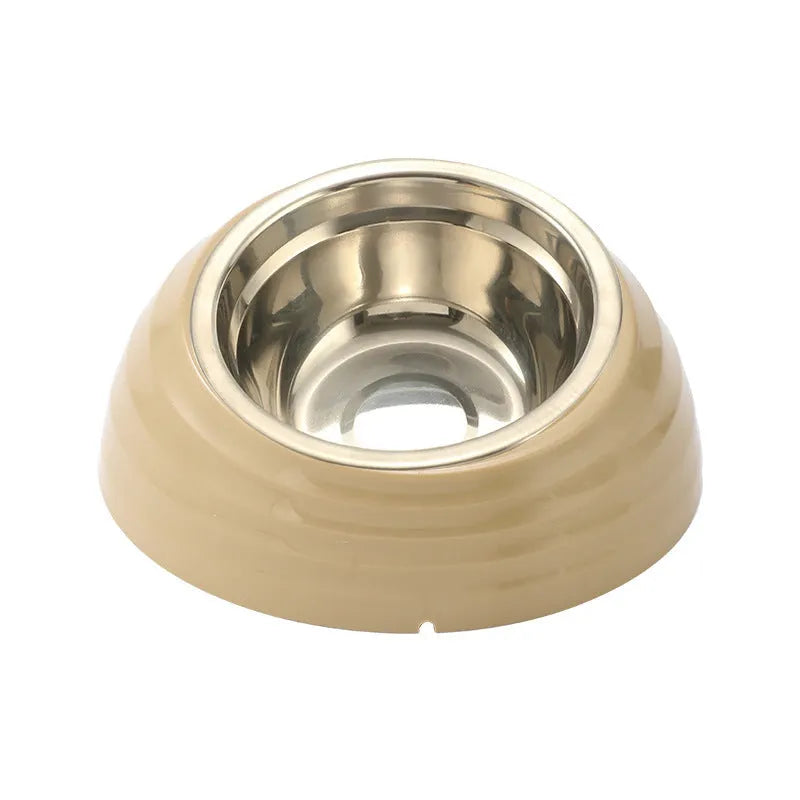 Stainless steel cat bowl with plastic base in beige, brown, or light green.