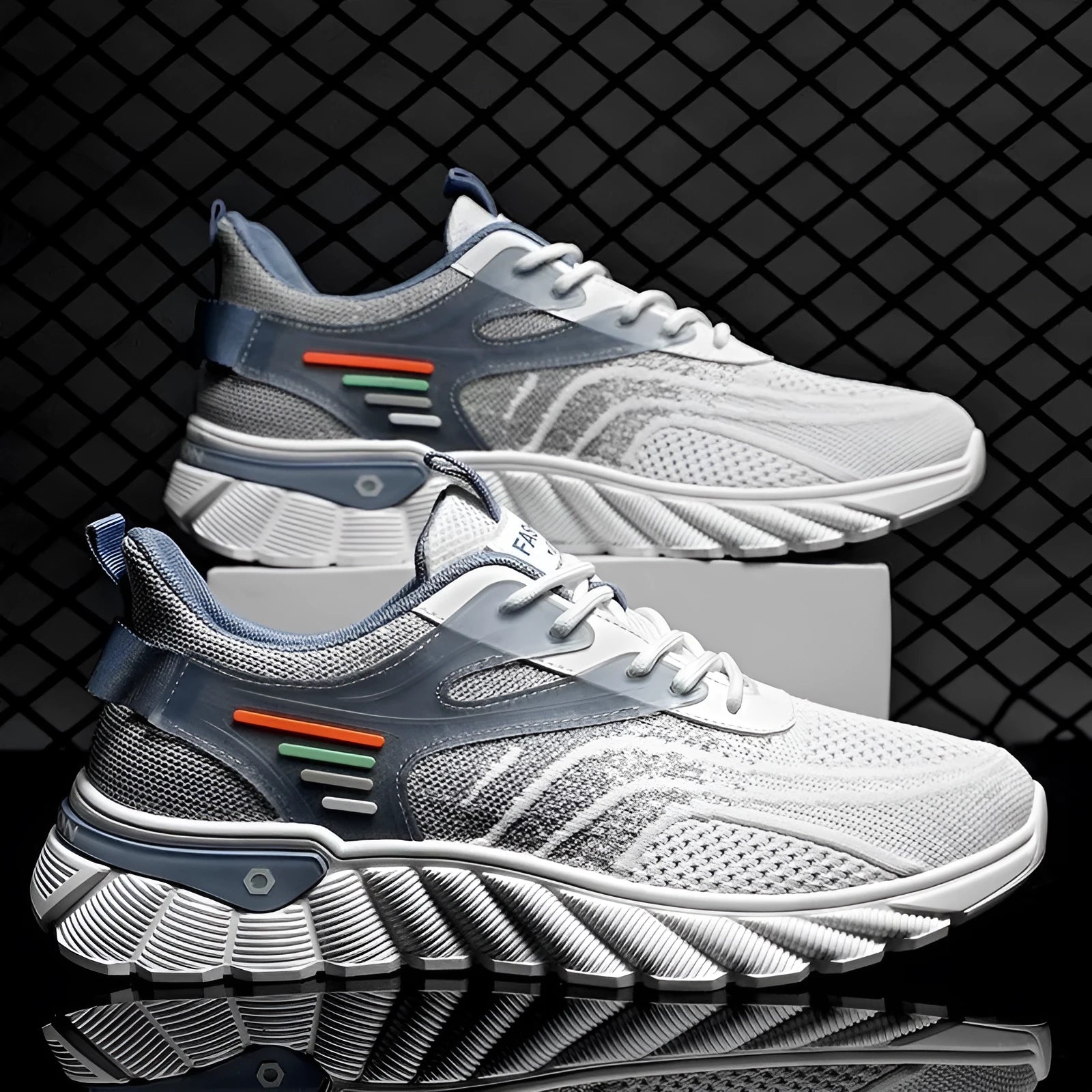 Men's white blue platform casual running shoes with cross shoulder straps and mesh upper