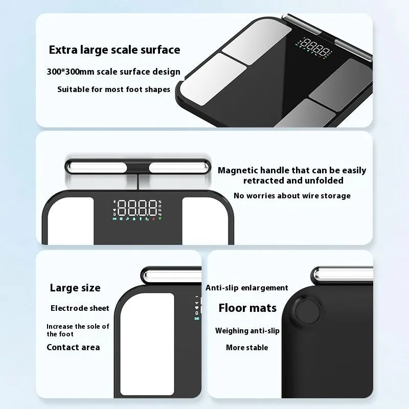 Black electronic weighing scale with a large tempered glass platform and colour touchscreen display.