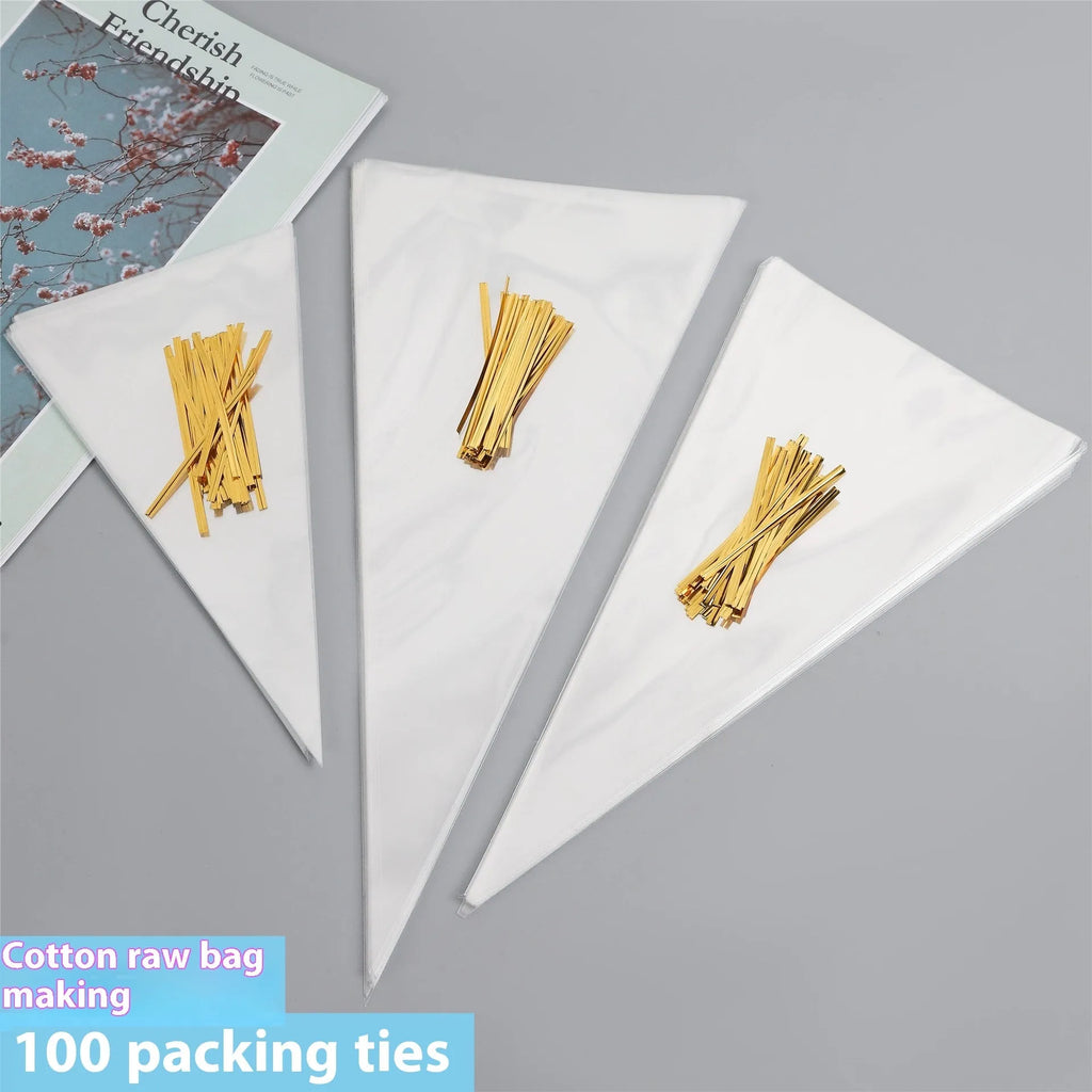 Clear triangle-shaped plastic packaging bag with a white tie wire closure, shown in three different sizes.