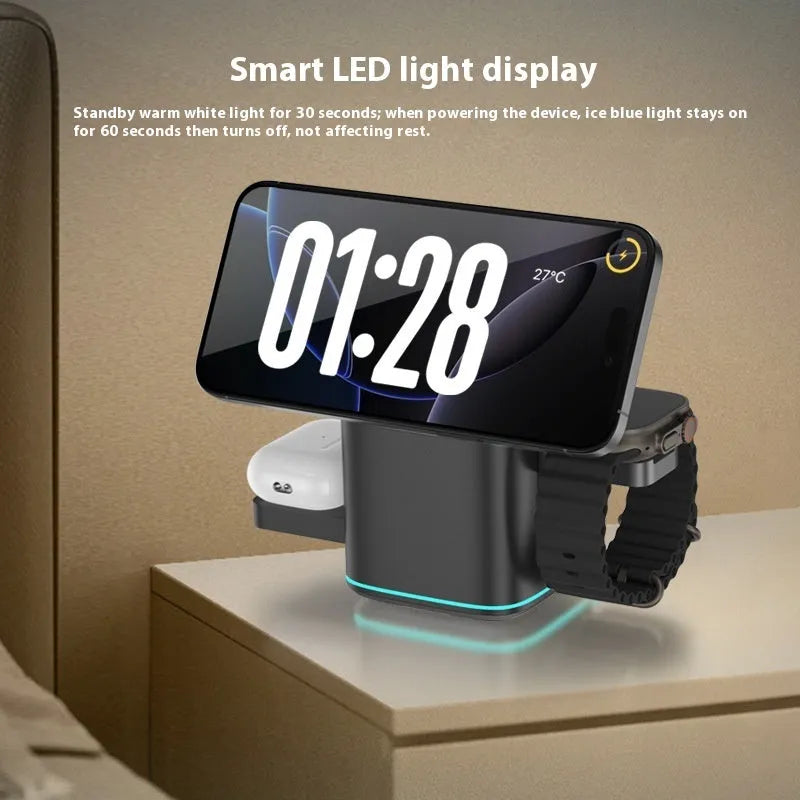 Mobile phone magnetic wireless charging stand showing 180-degree rotation feature in black finish