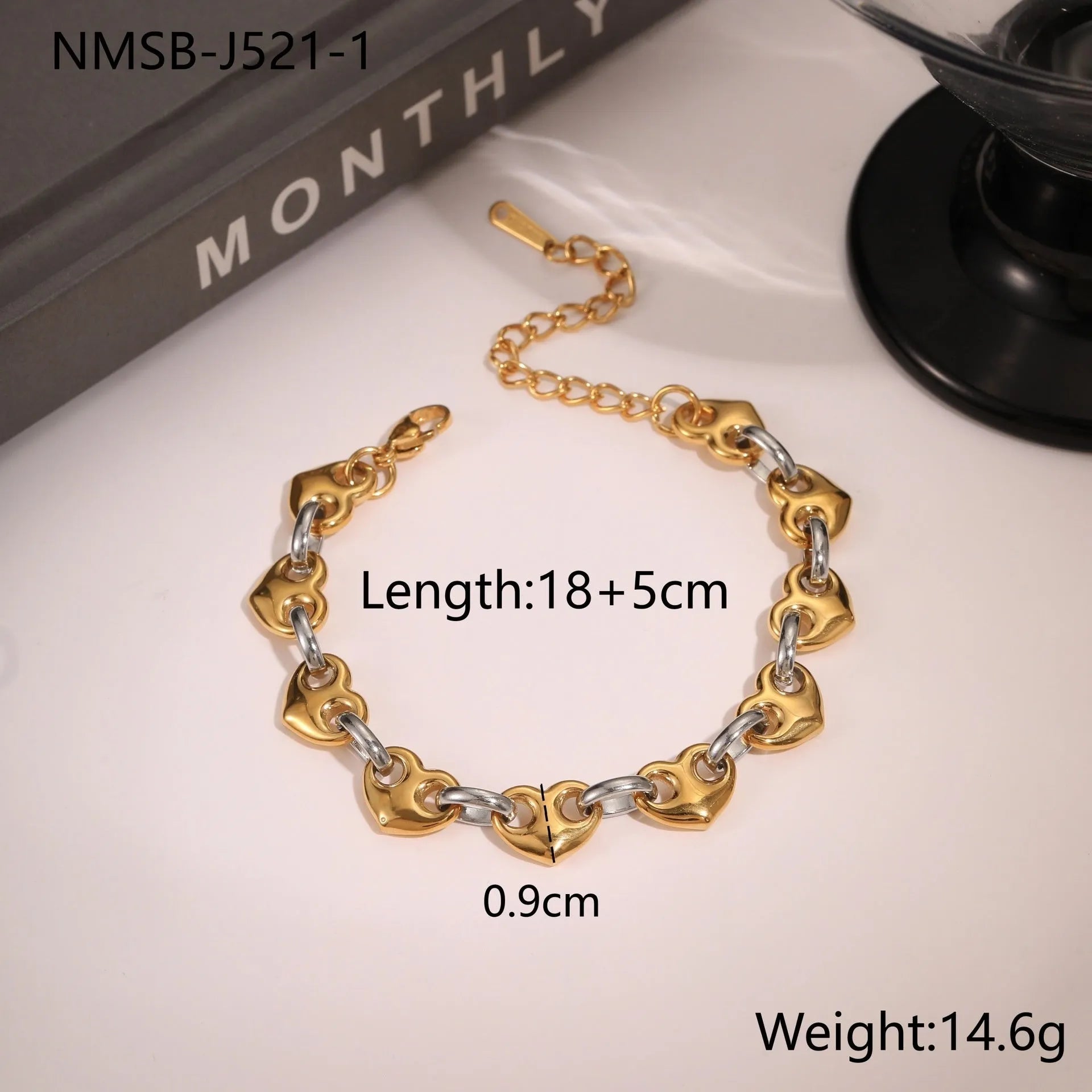 Women's geometric hollowed-out heart bracelet in stainless steel, available in gold or steel colour.