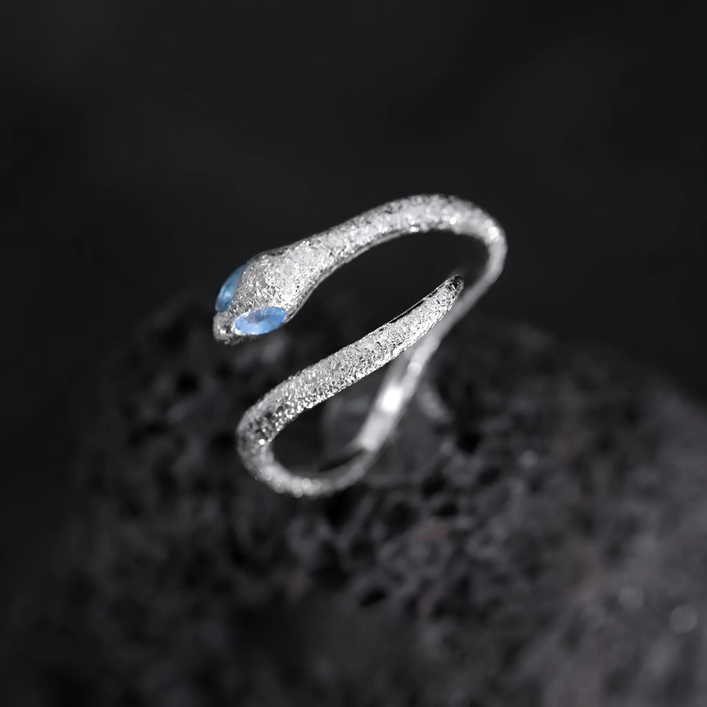 Silver snake design ring with adjustable opening and platinum colour electroplated finish