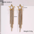 Stainless steel earrings with love heart and star geometric designs featuring diamond tassel drops and 18K electroplated finish