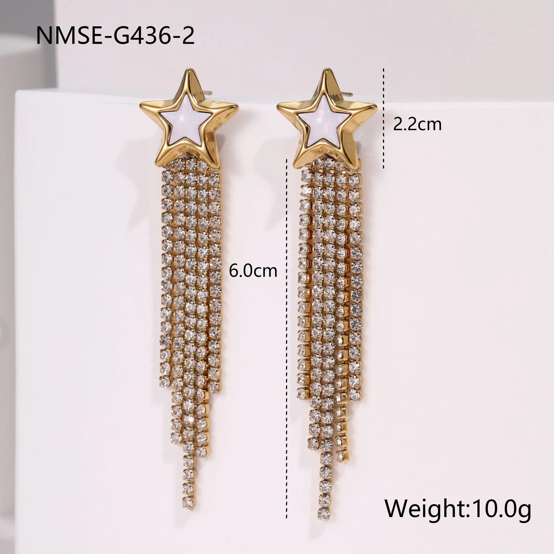 Stainless steel earrings with love heart and star geometric designs featuring diamond tassel drops and 18K electroplated finish