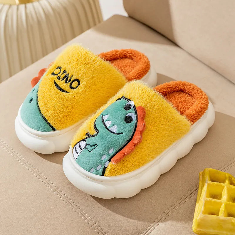 Couple set of plush dinosaur print slippers in grey, coffee, or orange, showing thick indoor design.