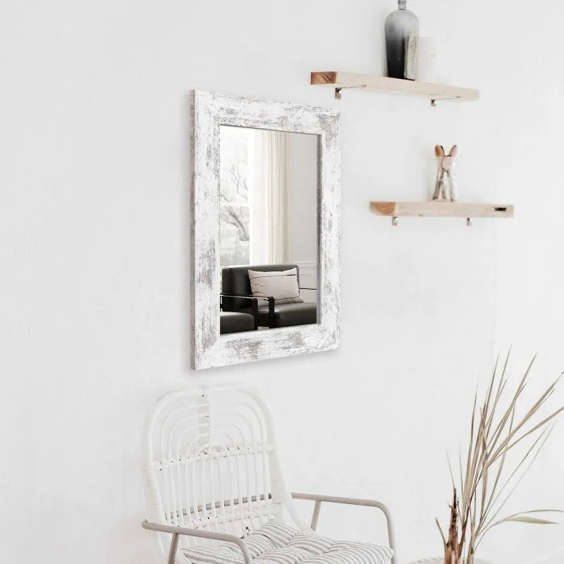 Wall-mounted bathroom dressing mirror with retro Chinese style MDF frame in small old white colour