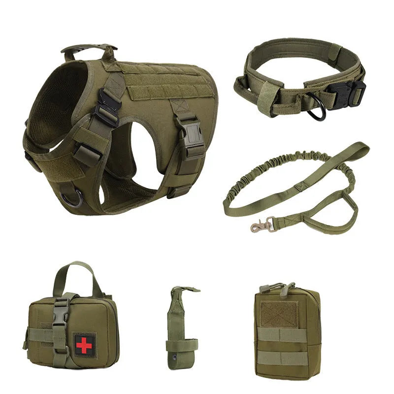 Dog wearing six-piece combat training vest in black polyester with multiple attachment points