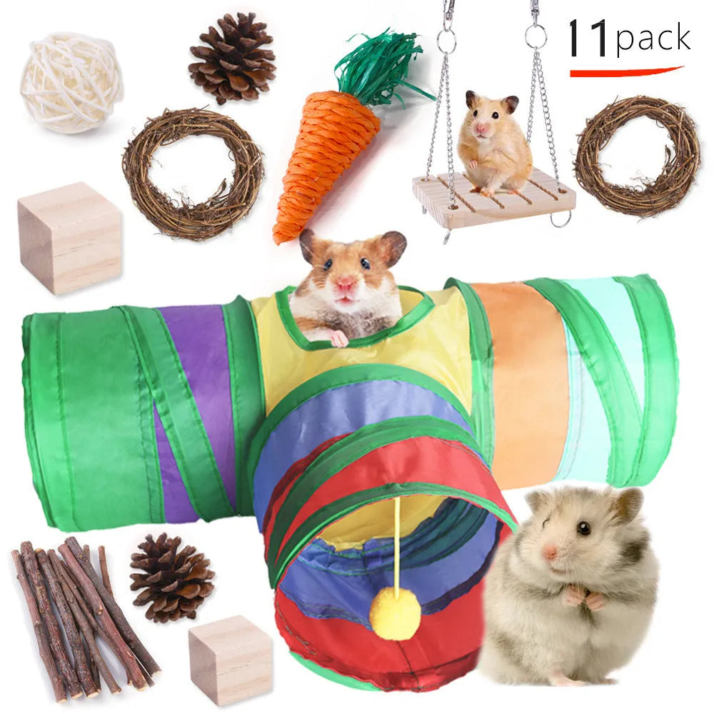 Wooden chew toy sets for rabbits, guinea pigs and parrots with various natural components