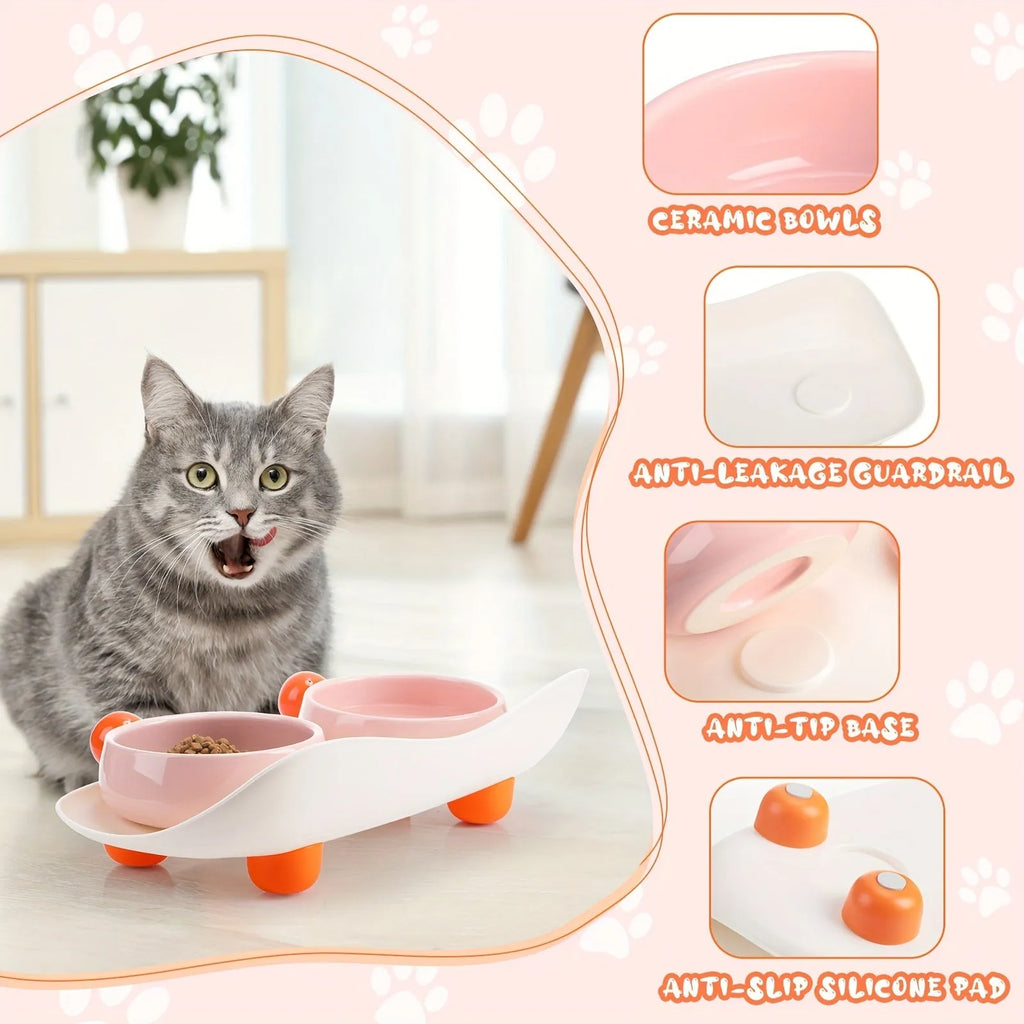 Ceramic double-raised cat bowl set in pink, yellow, or pink yellow with non-slip base