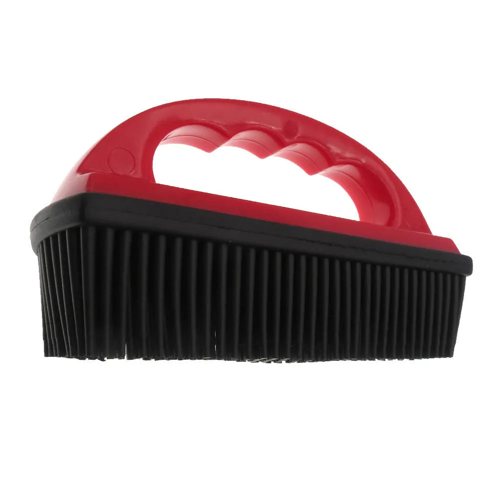 Red pet hair removal brush for bathing, massage and carpet cleaning measuring 160mm by 85mm