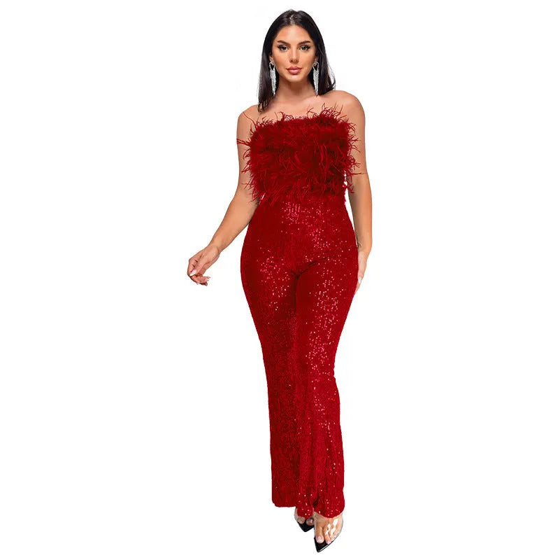 Women's sleeveless backless jumpsuit with flared legs and sequin collar detail in champagne colour
