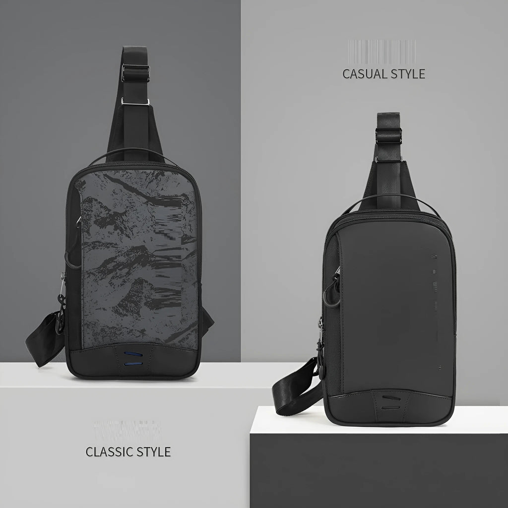 Casual black TPU chest pack with landscape camouflage pattern and interior phone pocket