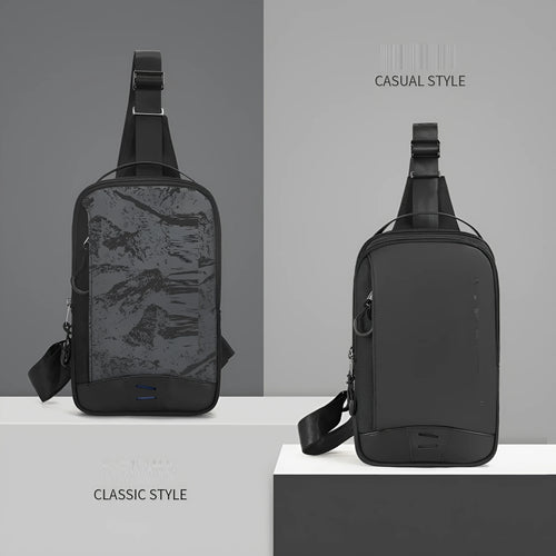 Casual black TPU chest pack with landscape camouflage pattern and interior phone pocket