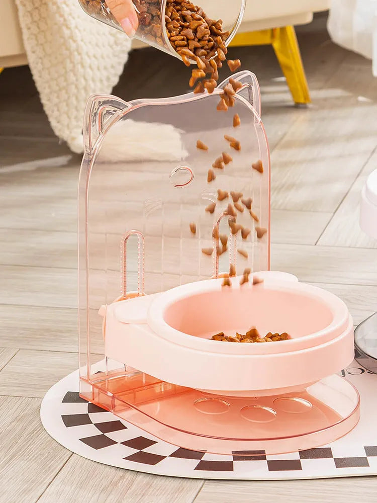 Grey cat feeding bowl with cat ears design and adjustable height mechanism on removable hanging cage