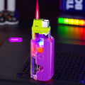 Colourful plastic rad-shaped lighter in orange, purple, or green on a plain background.