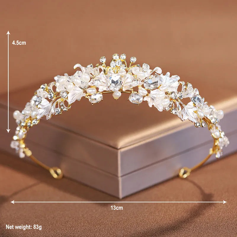 Pearl crown headdress for women in gold or silver alloy with electroplated finish