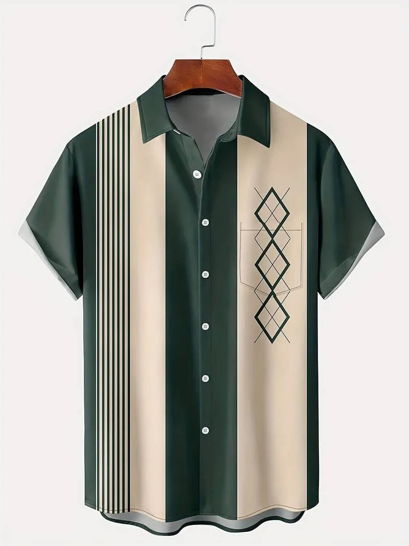 Man wearing plaid loose fit short sleeve shirt with lapel collar in cardigan style