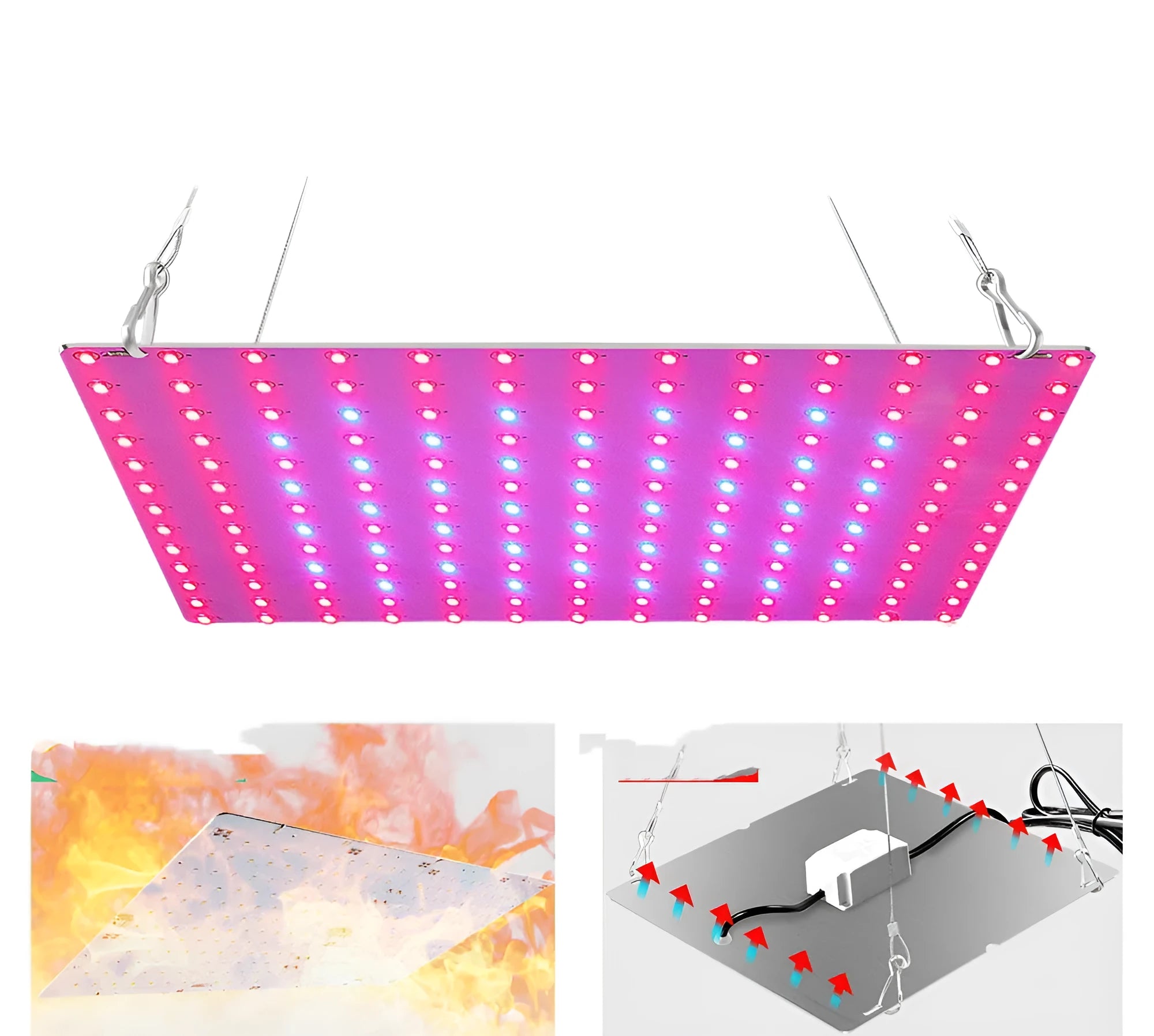 Silver aluminium LED plant light panel with multiple small beads, hanging from a hook for indoor gardening.