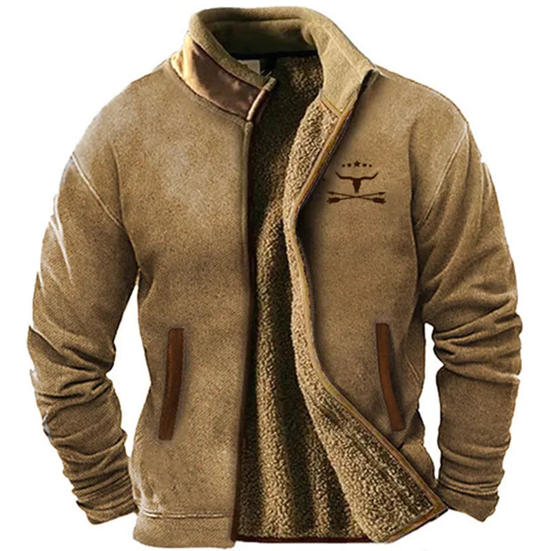 Men's green polyester fleece padded coat on a hanger, showing regular fit and front zip.