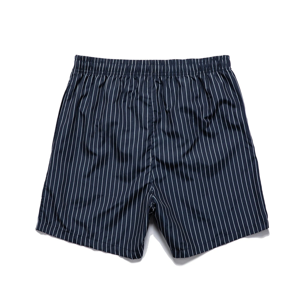 Striped men's beach shorts in navy blue with straight leg opening and polyester fabric