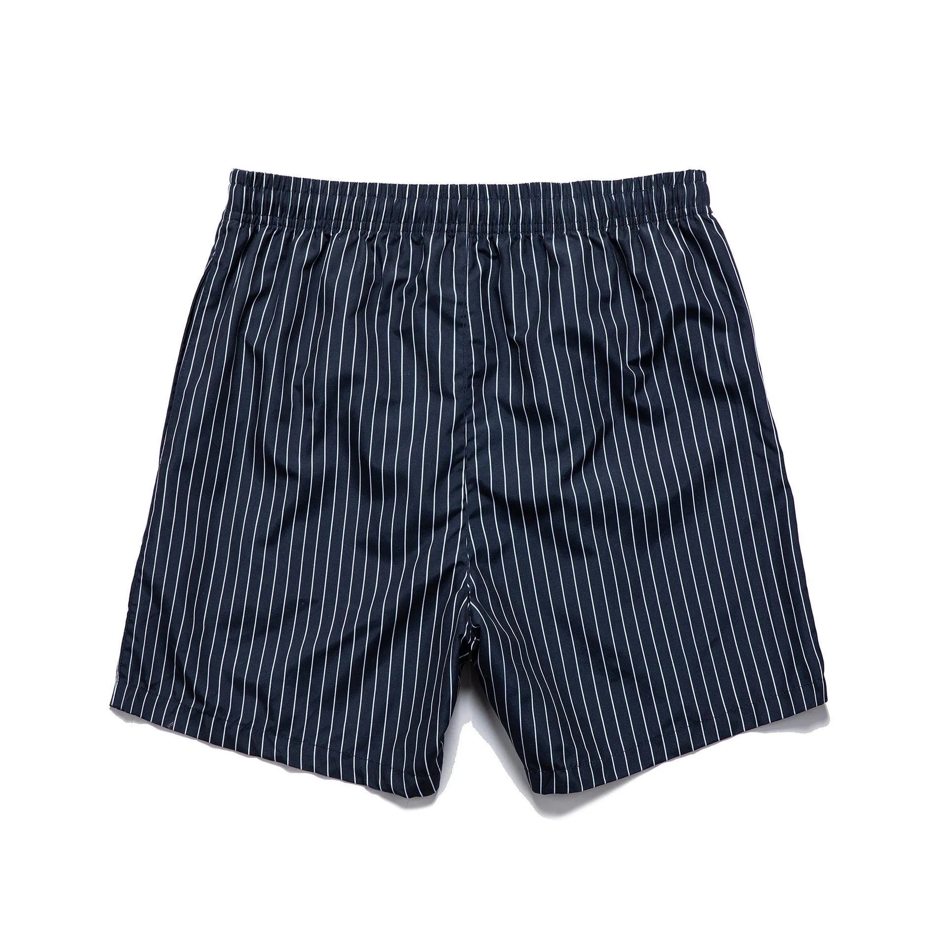 Striped men's beach shorts in navy blue with straight leg opening and polyester fabric