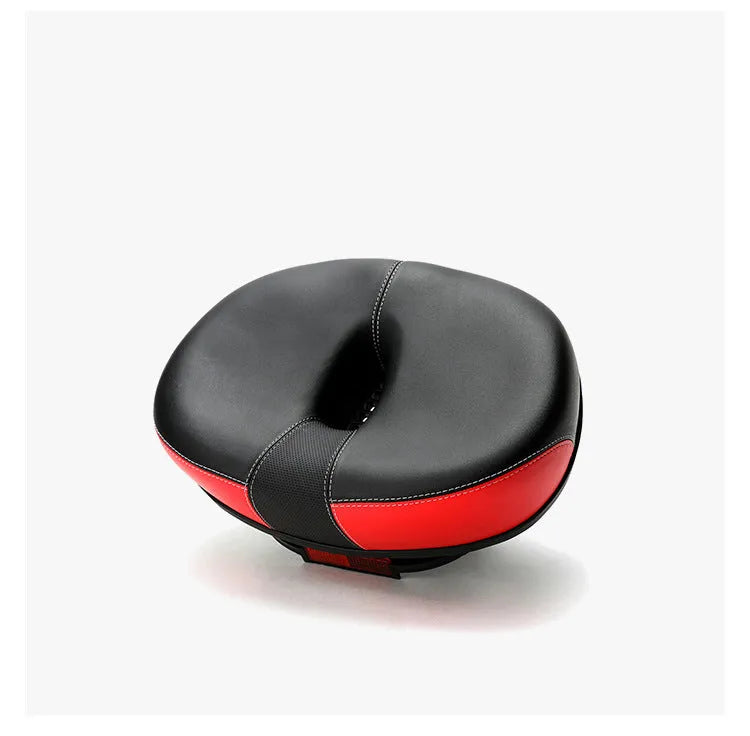 Large red thickened bicycle saddle with shock absorber and reflective sticker, dimensions 210x270mm.