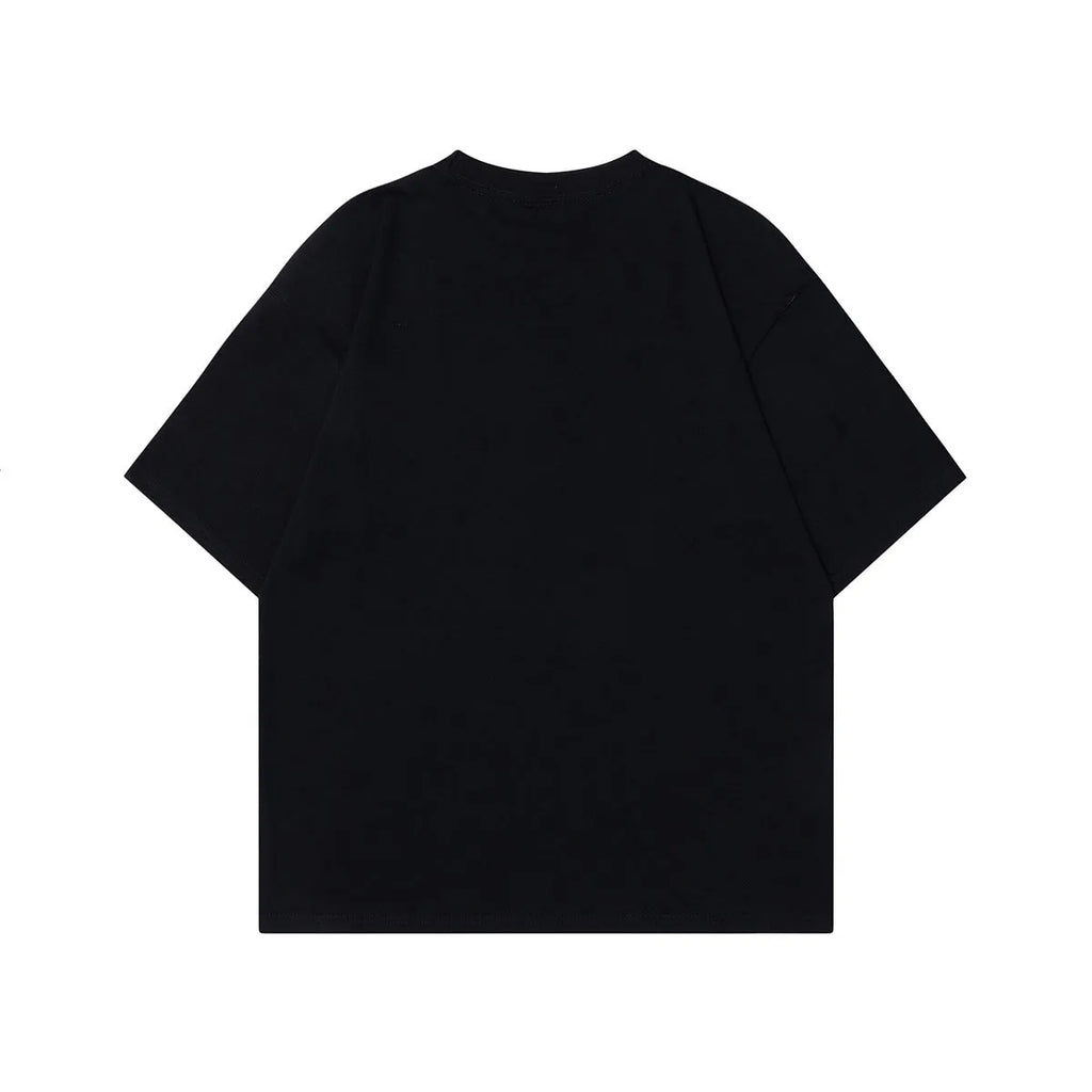 Men's loose-fit black cotton t-shirt with a retro character design print on the front.