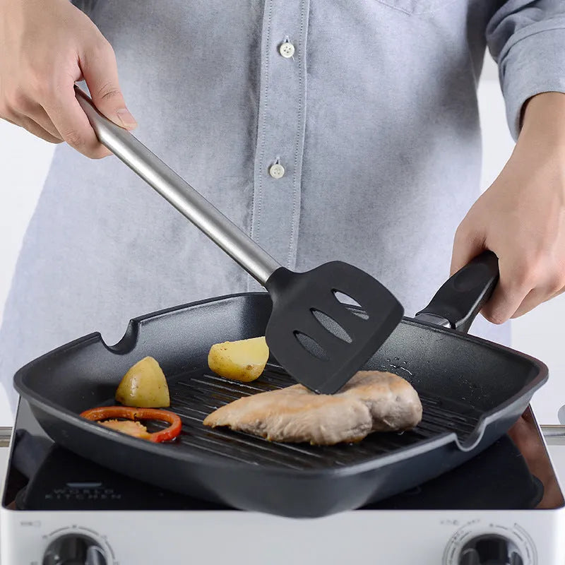 Black silicone kitchen spatula spoon set with stainless steel handles 16 pieces modern design