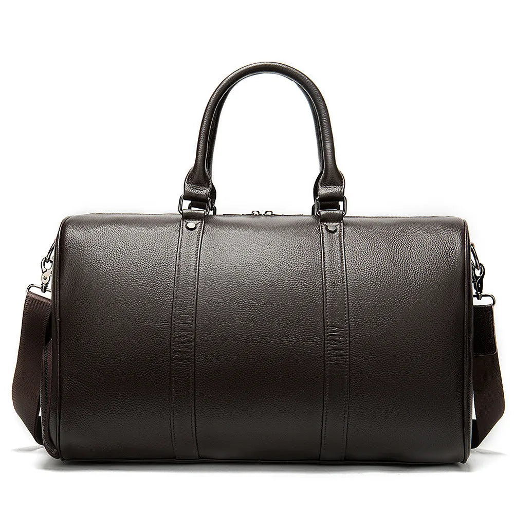 Men's black leather tote bag with single strap showing 44cm and 55cm size options